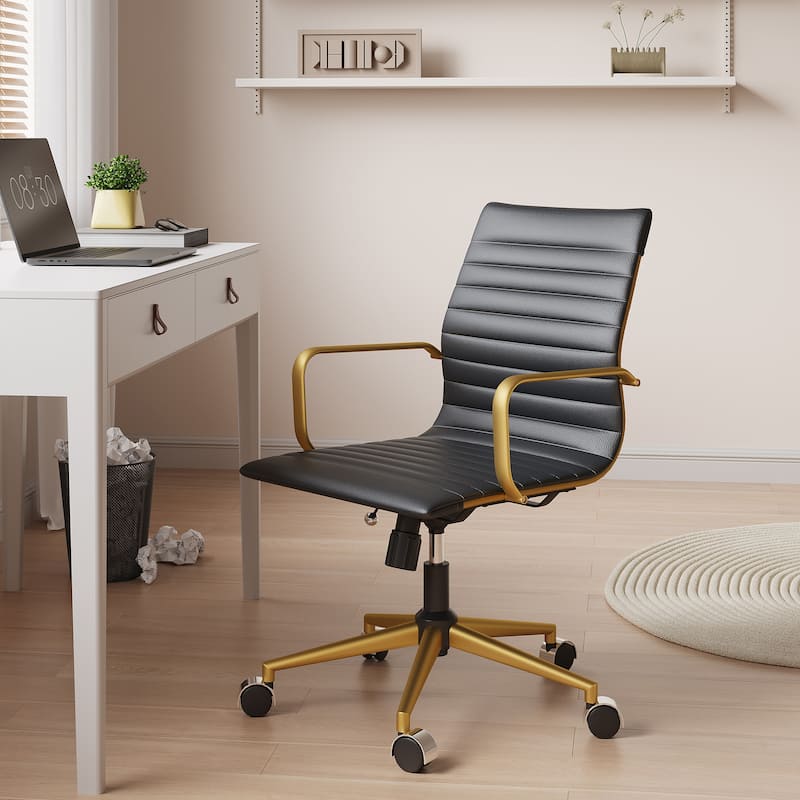 CAROCC Ribbed Computer Office Chair Swivel Lift tilt function Ergonomic Premium Leather Desk Armchair - Gold&Black