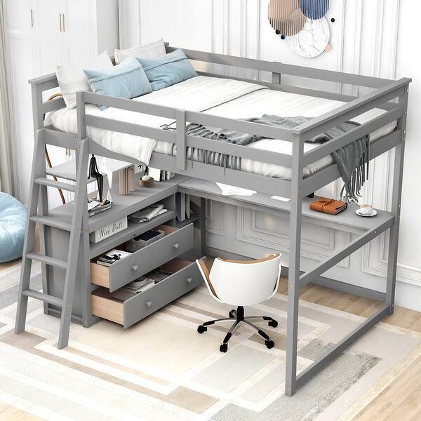 slide 2 of 32, Full Size Loft Bed with Desk, Shelves, Drawers, and Ladder, Grey Grey
