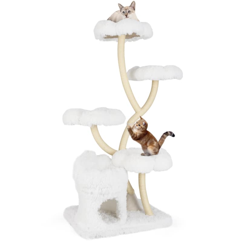 White Wood Plush Cat Tower with Condo, Sisal Posts and Flower Platforms - Overall Height: 65"