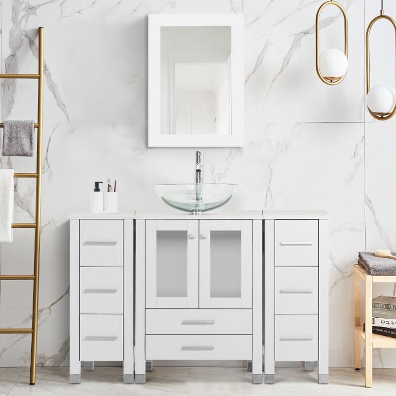48" Bathroom Vanity with Sink Set Side Cabinet Combo - White - W-Glass clear round sink