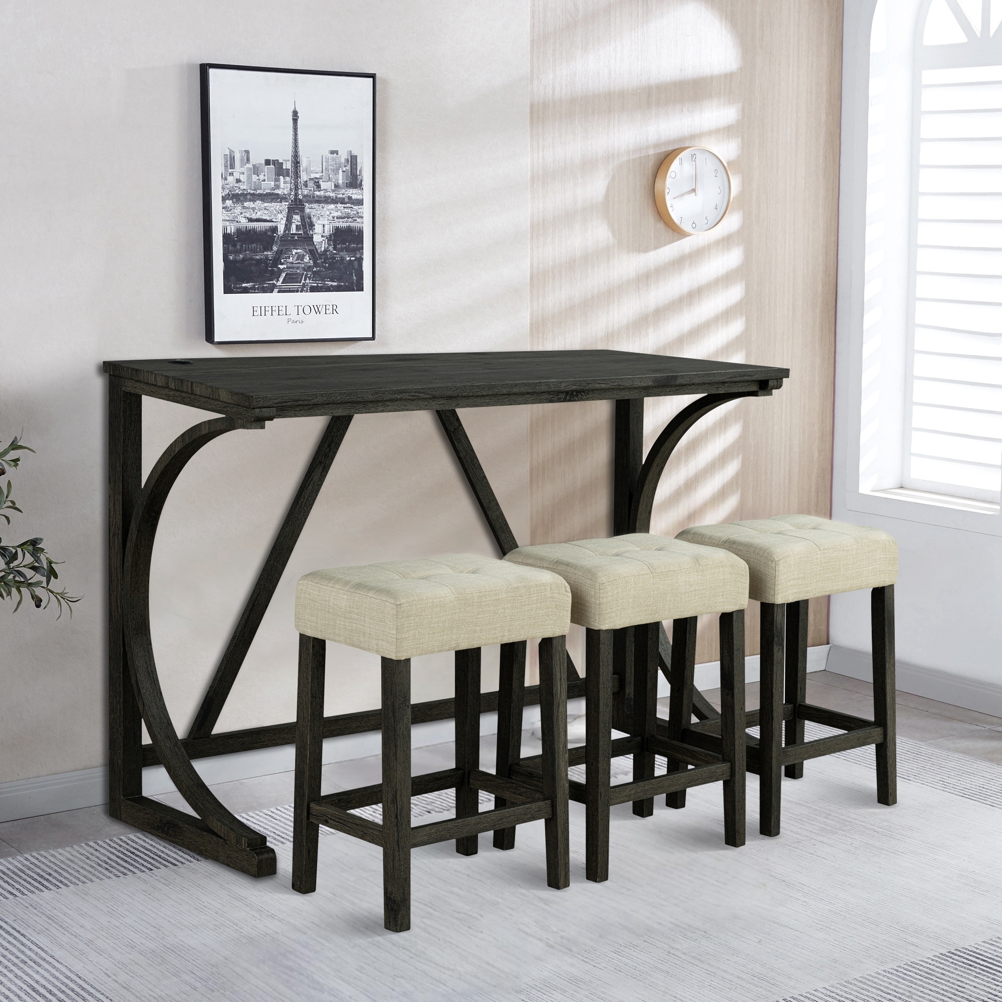 Brown Kitchen Counter Height Dining Table Set with 3 Upholstered Stools