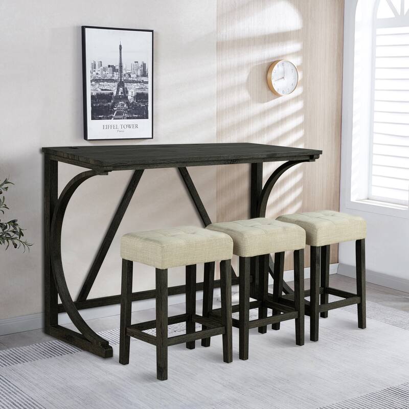 Brown Kitchen Counter Height Dining Table Set with 3 Upholstered Stools