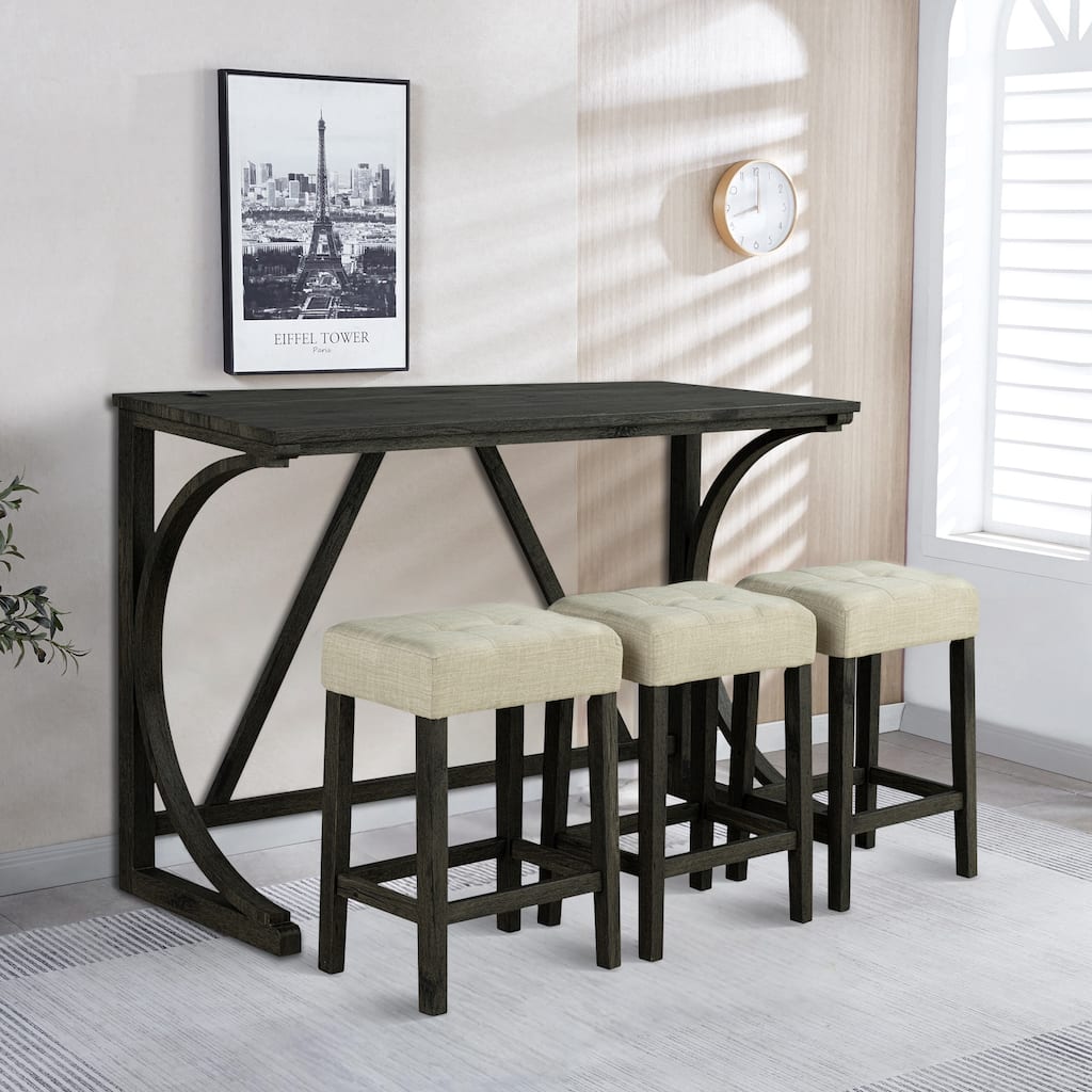 Brown Kitchen Counter Height Dining Table Set with 3 Upholstered Stools