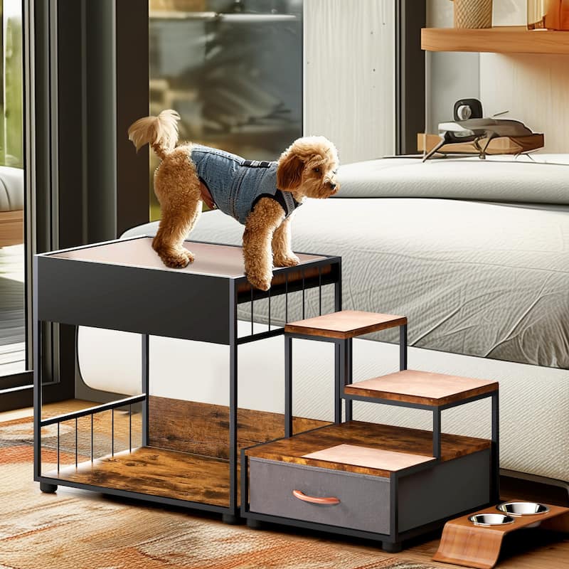 Pet Step Window Perch, Bedside Lounge Elevated Dog Bed Multi-Level Platform with sponge,Non-Slip Pad and Storage