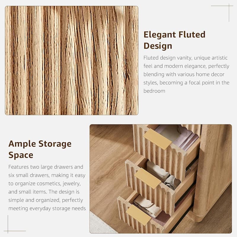 Modern Fluted Makeup Vanity Desk with Mirror, Lights, Charging Station