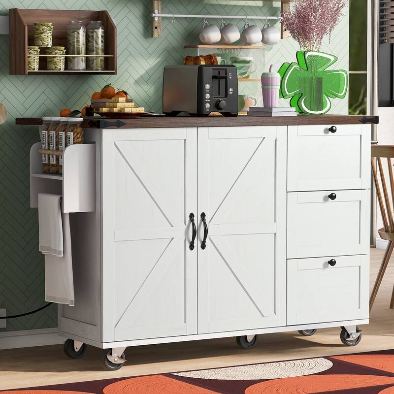 Farmhouse Kitchen Island with Power Outlet, Rolling Kitchen Cart on Wheels with Internal Storage Rack, Drop Leaf, Spice Rack