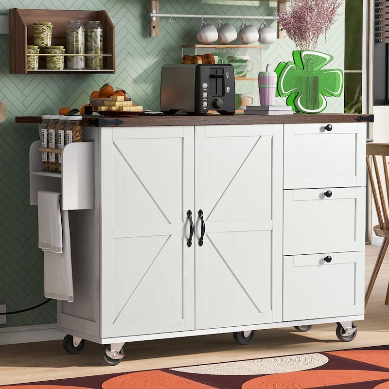 Mobile Kitchen Island with Power Outlet, Rolling Kitchen Cart on Wheels, Kitchen Storage Island with Drop Leaf & Drawer