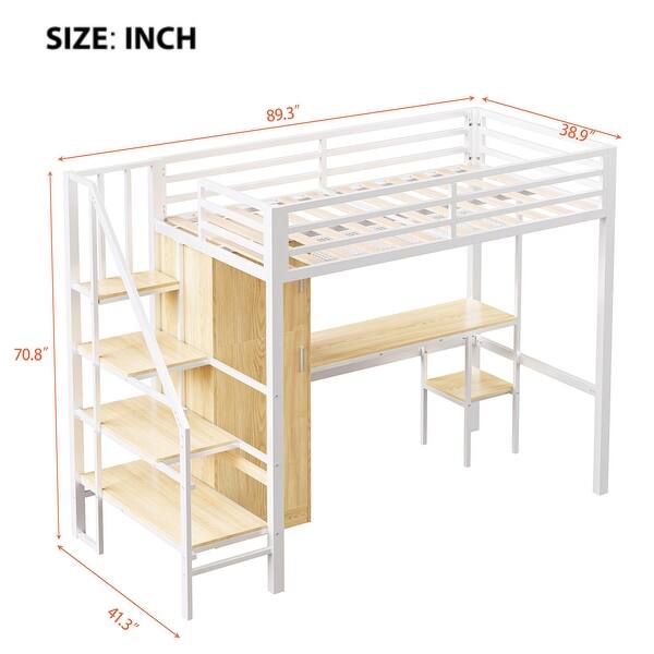 dimension image slide 0 of 4, Full-Size Metal Loft Bed with Built-in Wardrobe, L-Shaped Desk, Charging Ports, and Multi-Layer Storage Shelves