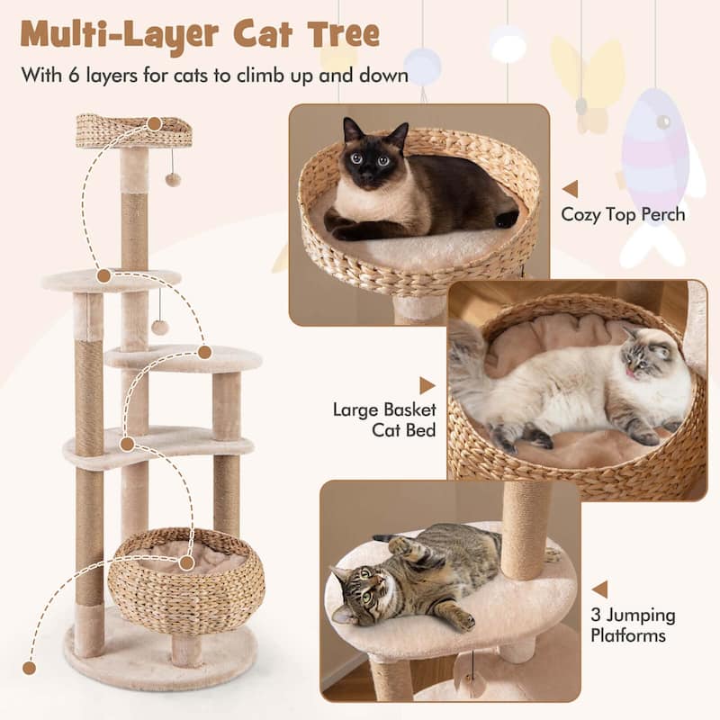 Costway 65" Cattail Cat Tower with Jute Scratching Posts Perch Basket - See Details