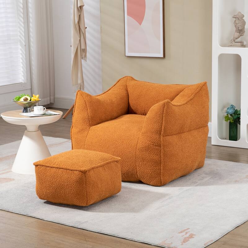 Boucle Upholstered Deep Seat Armless Square Bean Bag Chair with Ottoman - Orange
