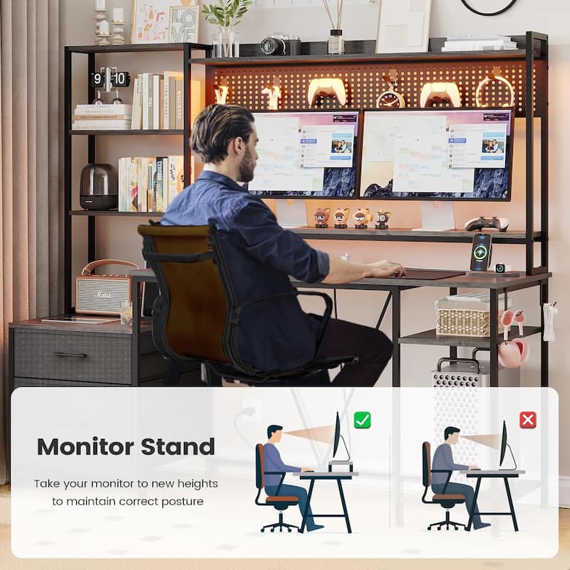 Computer Desk Gaming Desk 2 Drawers Shelves Pegboard 8 Hooks