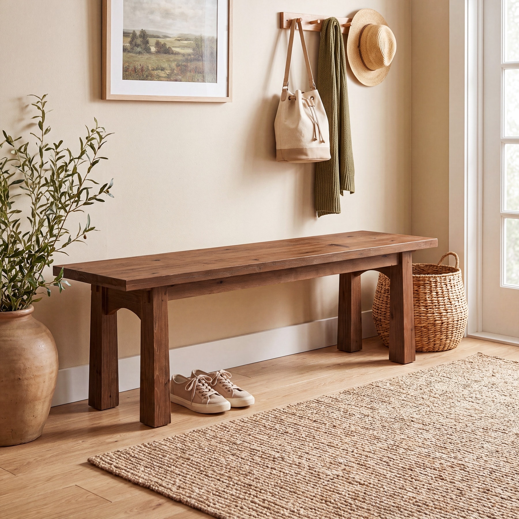55 Inch Solid Wood Entryway Bench
