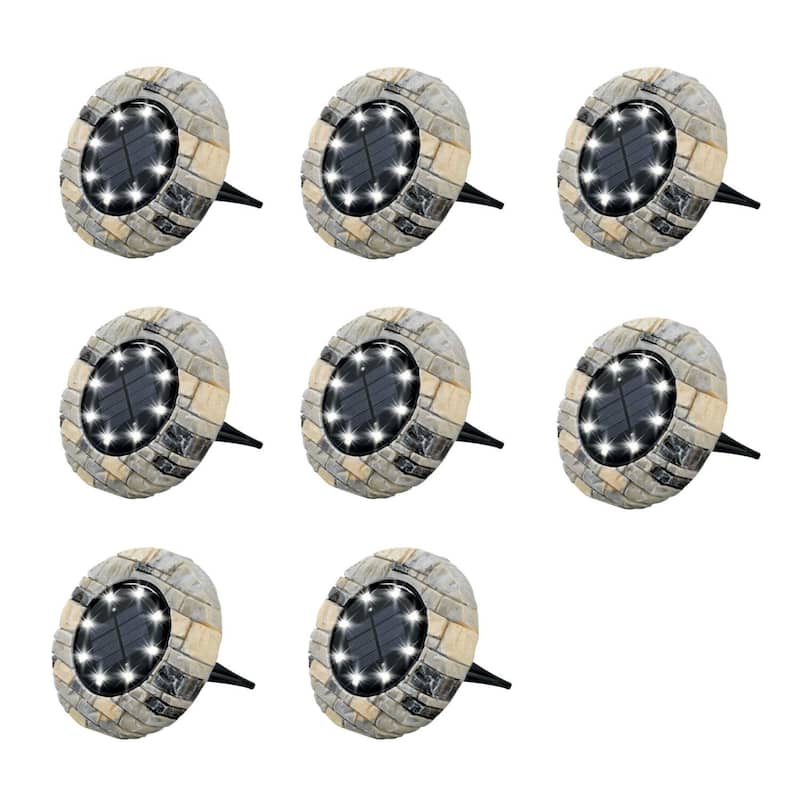 Bell + Howell 8 LED Round Stone Solar Powered Disk Lights - 8 Pack - Brown