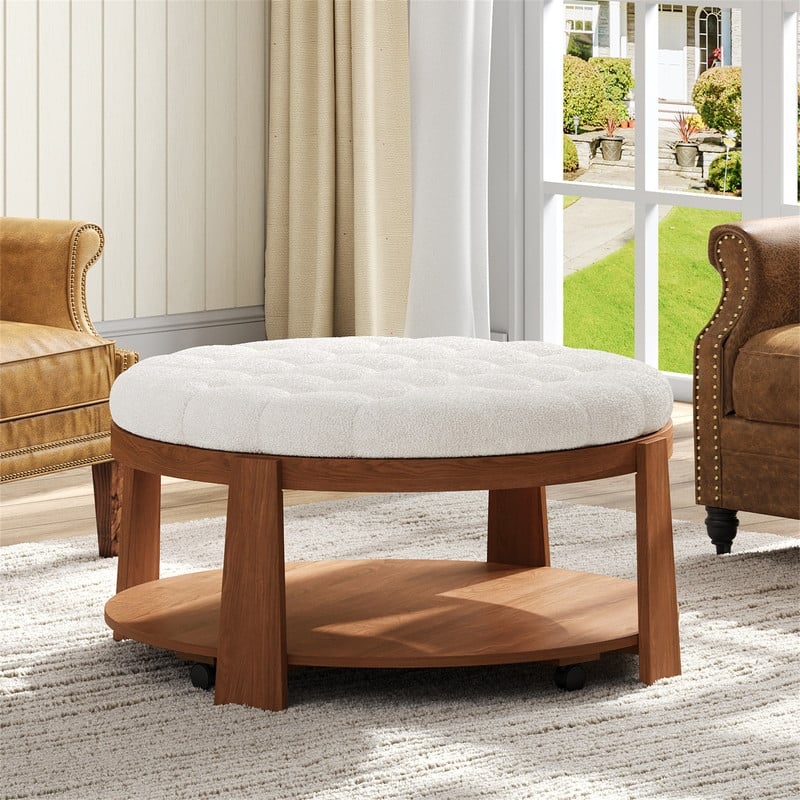 Modern Large Round Ottoman Coffee Table 2-Tier Oversized Button Tufted Ottoman with wheels