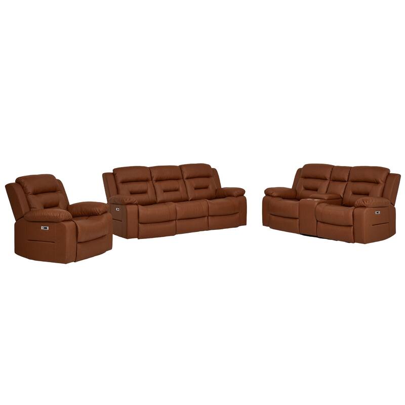 3-Piece Faux Leather Modular Design Power Recliner Sofa Set with USB&USB-C Charging - Light Brown