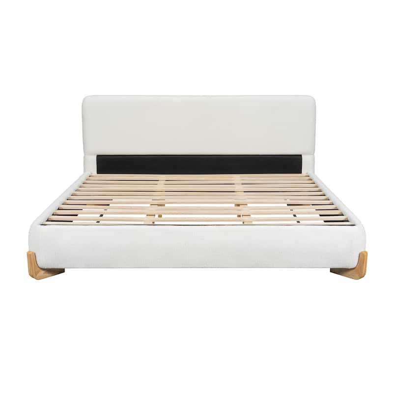 Luxury Boucle Bed Frame, Upholstered Platform Bed with Solid Wood Feet