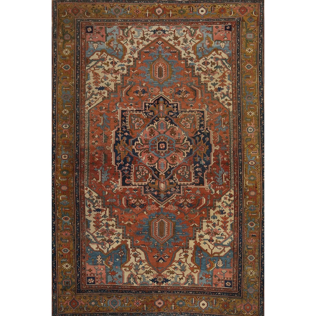 Hand Knotted Oriental 100% Wool Carpet Traditional Medallion Oranges & Rust Heriz (serapi) Area Rug - 13' 8'' X 10' 0''