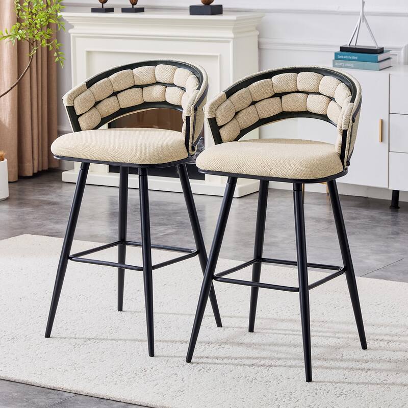 Set of 2 Velvet Bar Stools with Black Iron Legs, Modern Counter Height Stools for Home Bar - Beige,Black