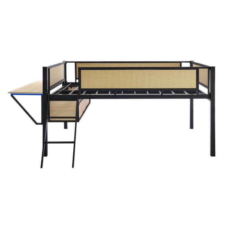 Metal Double Bed Loft Bed with Rectangular Desk, LED Lights