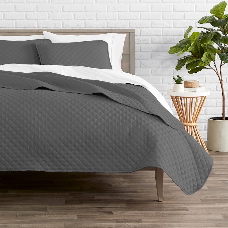 Bare Home Lightweight Coverlet Bedspread & Microfiber Sheet Set Bundle - Coverlet Set: Grey, Sheet Set: Light Grey - Full - Queen
