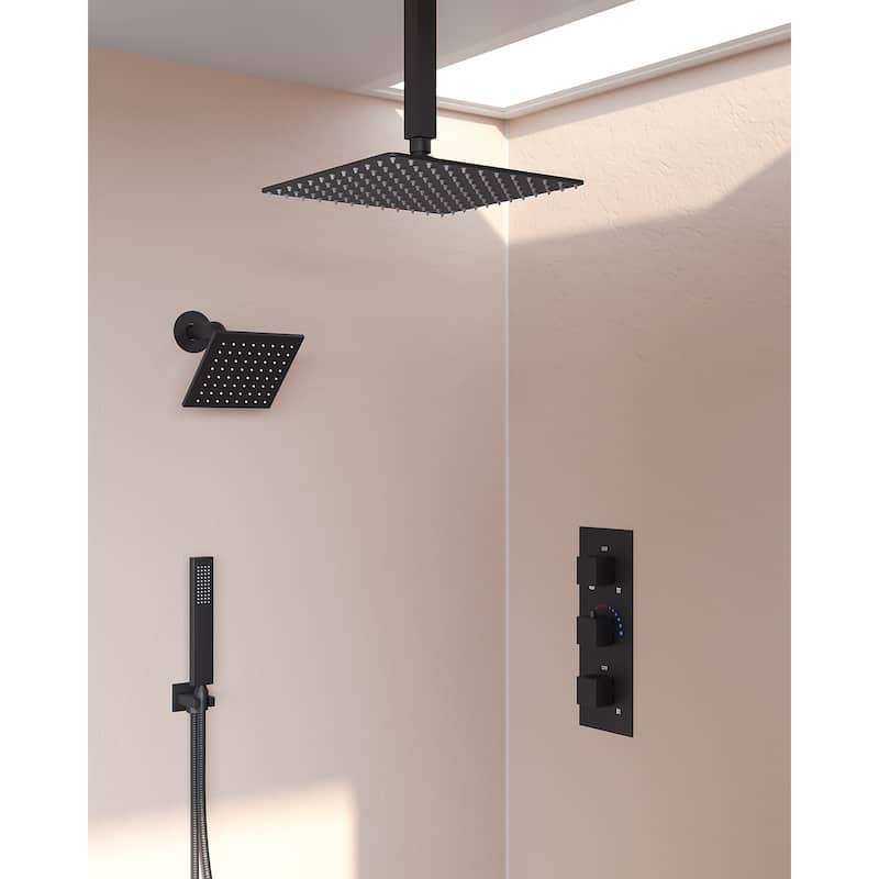 GRANDJOY 12" Dual‑Rain Shower System with Handheld, Ceiling and Wall‑Mount Heads, Thermostatic Valve and High‑Flow Design