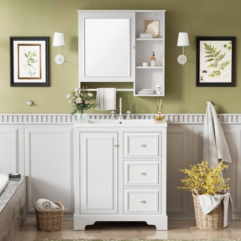 30-inch bathroom vanity with sink,with 3 drawers,adjustable shelves,freestanding vanity set with mirror cabinet,single sink - White