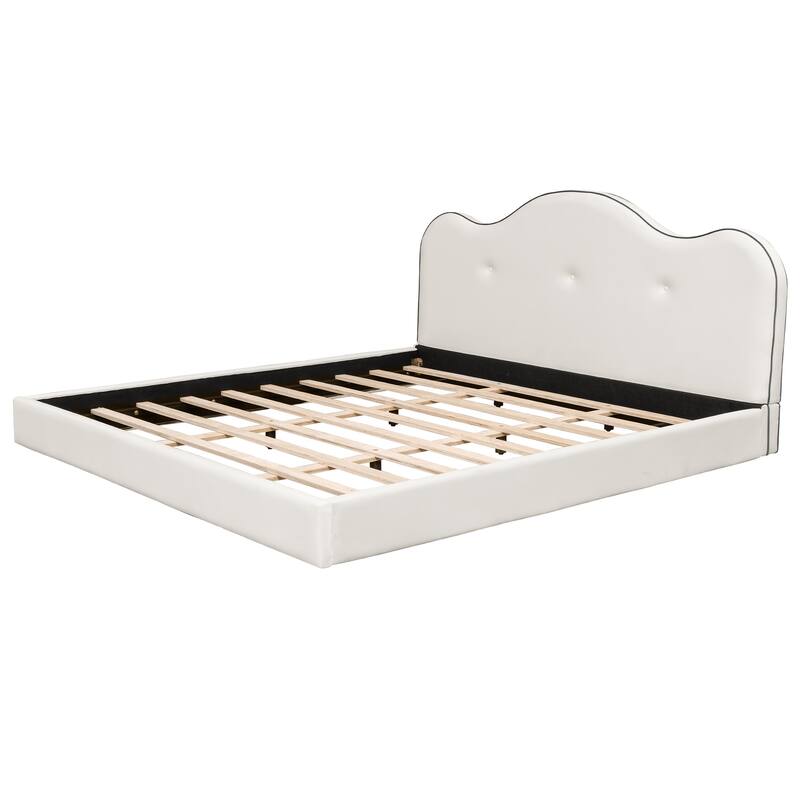 Beige Grounded Platform Bed Frame with Fabric Upholstered Headboard and Wooden Slats Support/No Box Spring Needed/Easy Assembly