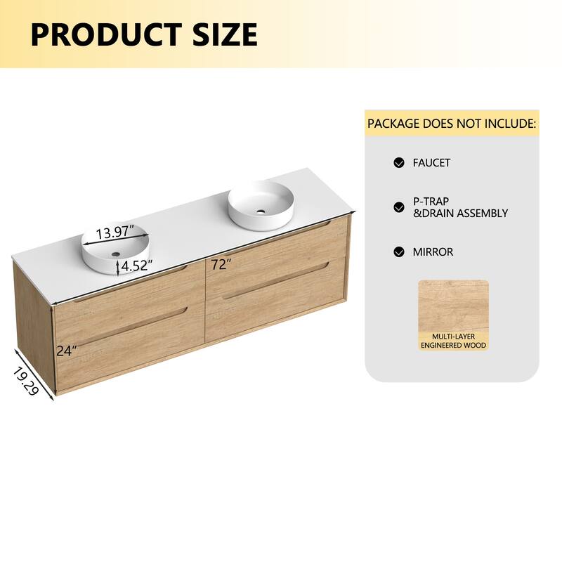 72" Solid Wood Bathroom Vanity with White Quartz Countertop Ceramic Vessel Sink