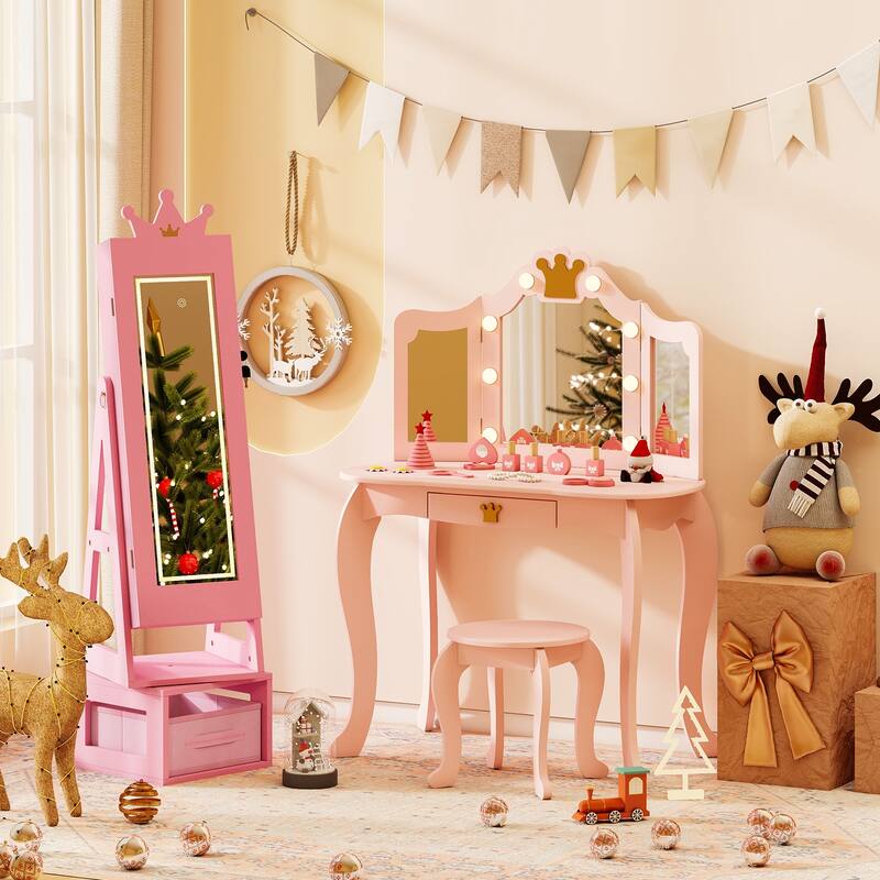 Gymax 3 In 1 Kids Jewelry Cabinet w/3-Color Lighted Full Length Mirror