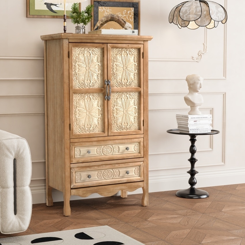 Farmhouse Carved Tall Storage Cabinet With Doors & Drawers - N/A