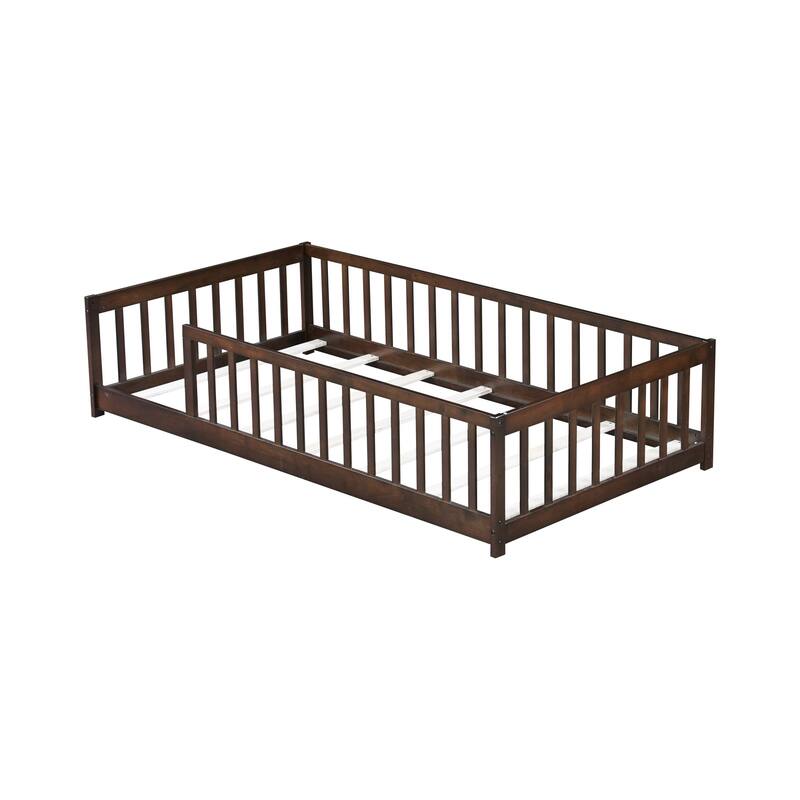 Roomfitters Twin Rubber Wood Floor Bed with Fence, Safety Guardrails, Low Profile Platform Design