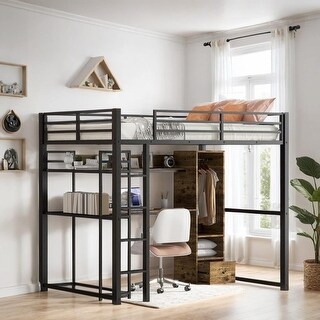 Full Size Metal Loft Bed with Built-in Wardrobe, Desk & Shelves, Black