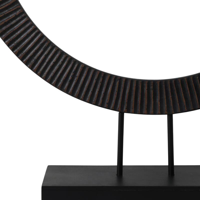 Wood and Iron Ring Sculpture on Base with Modern Grooved Texture