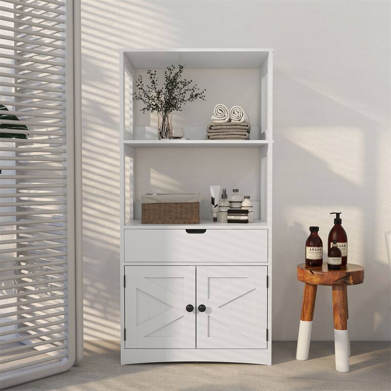 White MDF Farmhouse Bathroom Cabinet with Shelves, Drawer and Cupboard - 23.5" W x 13" D x 48.5" H