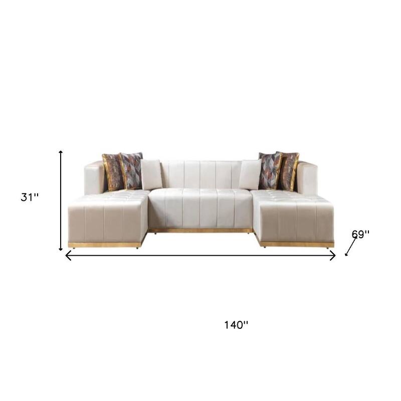 HomeRoots Ivory Velvet U Shaped Three Piece Sofa and Chaise Sectional With Toss Pillows