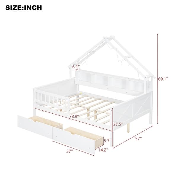 dimension image slide 1 of 2, Wood House Platform Beds with LED, Storage Shelves, Drawers and Guardrail, Full Size Bed Frame w/Slats Support for Kids