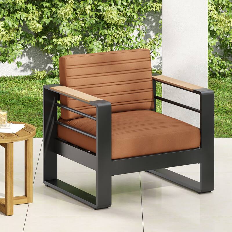 Roomfitters Modern Outdoor Club Chair with Slatted Metal Frame, Weather-Resistant Cushions and Wooden Armrests