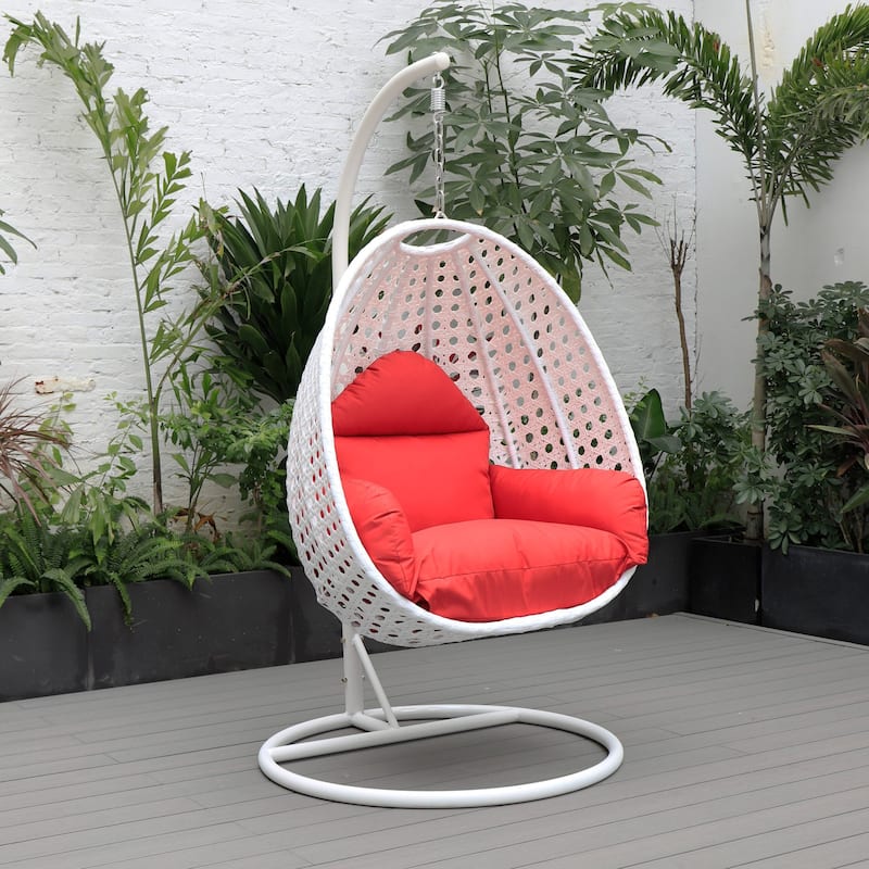 Patio Hanging Egg Swing Chair with White Wicker Shell and Iron Frame for Indoor Outdoor Patio Porch Garden Backyard