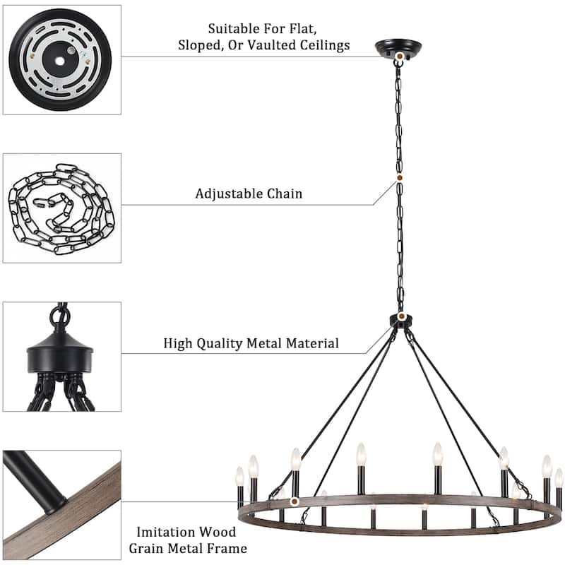 16-Light Farmhouse 47.24In Wagon Wheel Chandelier, Industrial Chandelier for Living Room Kitchen Island Dining Foyer