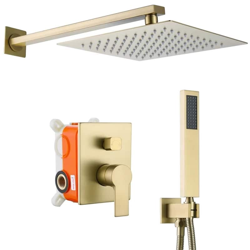 Wall Mounted Shower System With Hand Shower Rain 10 Inch Shower Head Bathroom Shower Faucet Set With Pressure Balanced Valve - Brushed Gold