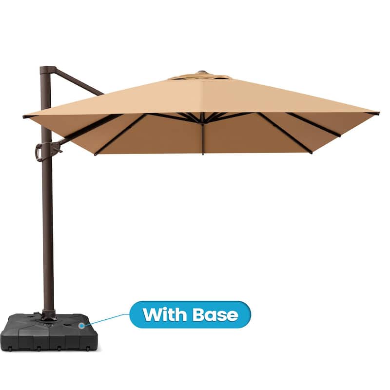 10 x 13 FT Outdoor Shade Canopy Patio Cantilever Offset Umbrella with Base - Tan - Base with 4 wheels 