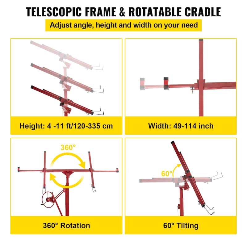 Drywall Rolling Lifter Panel with Telescopic Arm & 3 Lockable Wheels - 150 lbs