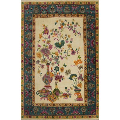 Hand-knotted Traditional Wool Beige Floral Oriental Area Rug - 9' 7'' X 7' 7''