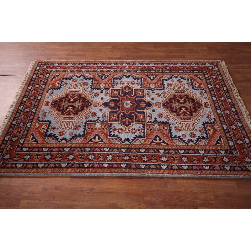 Light Blue Geometric Kazak Oriental Accent Rug Handmade Wool Carpet - 4'0" x 5'11"