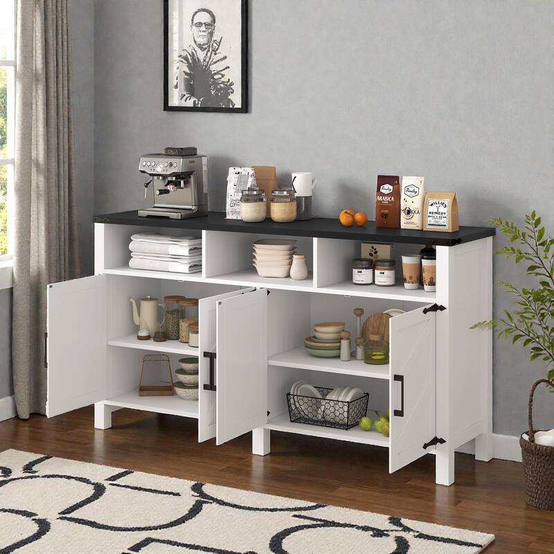 59" Modern 4-Door Sideboard with Power Outlets, USB Ports, Adjustable Shelves & Half-Open Storage Cabinet