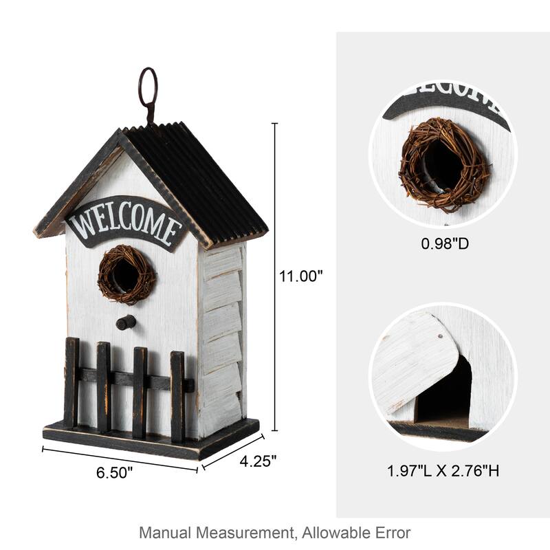 Glitzhome 11"H Washed White Solid Wood Fence Outdoor Garden Birdhouse