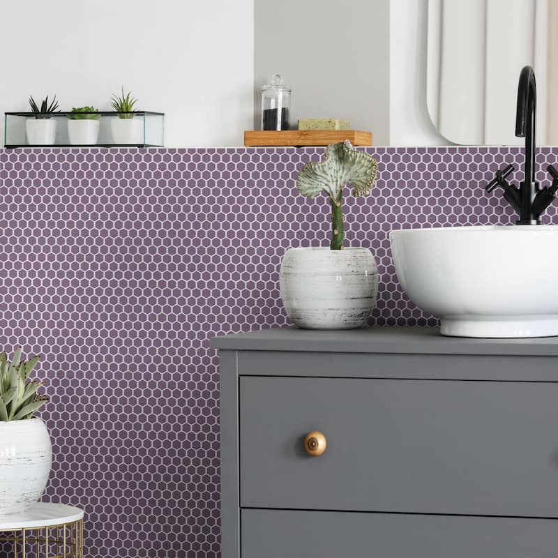 Merola Tile Metro 1" Hex Glossy Purple 10-1/4" x 11-7/8" Porcelain Mosaic Floor and Wall Tile - Case (10 Tiles)