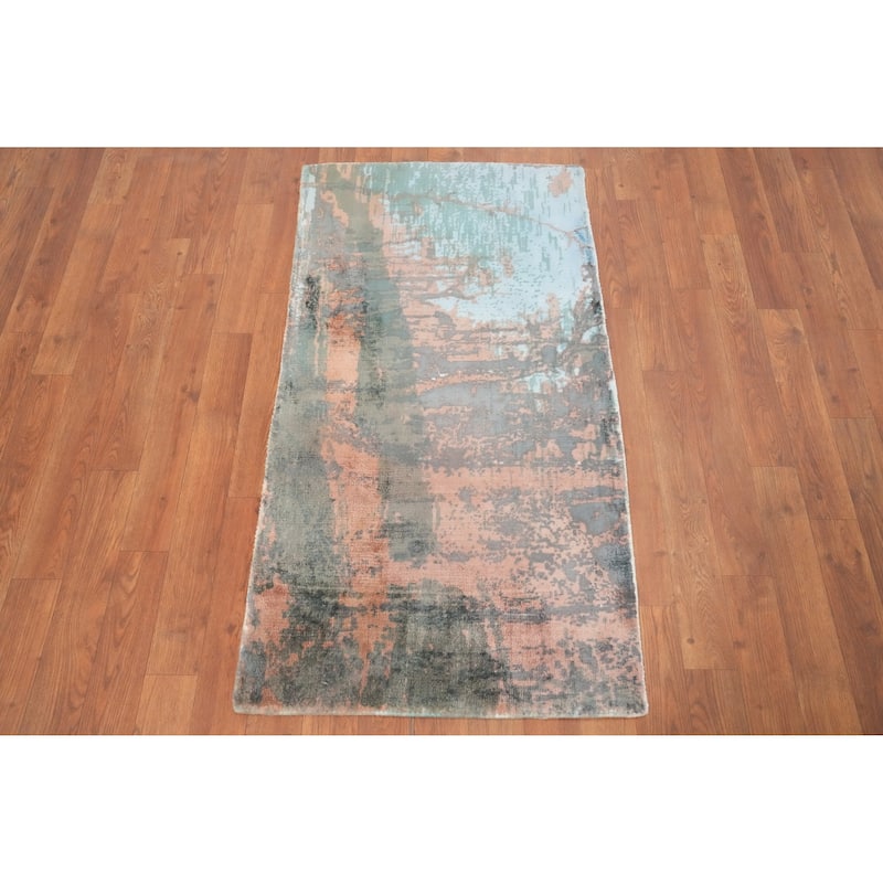 Hand Knotted Oriental Viscose Silk Carpet Modern Abstract Multi-Colored Abstract Area Rug - 4' 0'' X 2' 0''