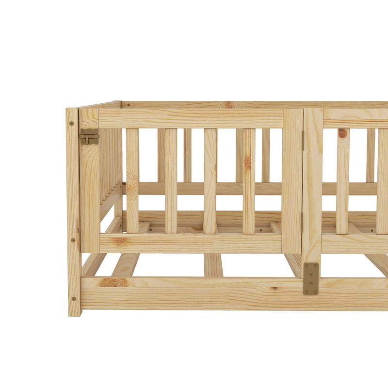 Kids Montessori Floor Bed for Kids, Girls, Boys, Solid Wood Floor Bed Frame with Fence and Door, No Box Spring Needed