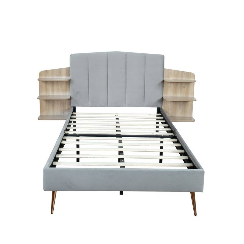 Alazyhome Upholstered Platform Bed Frame with Bedside Cupboard